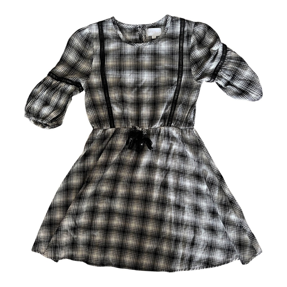 BCBGIRLS Plaid Fit & Flare Dress 10 Black White Excellent Lace Trim Tassels